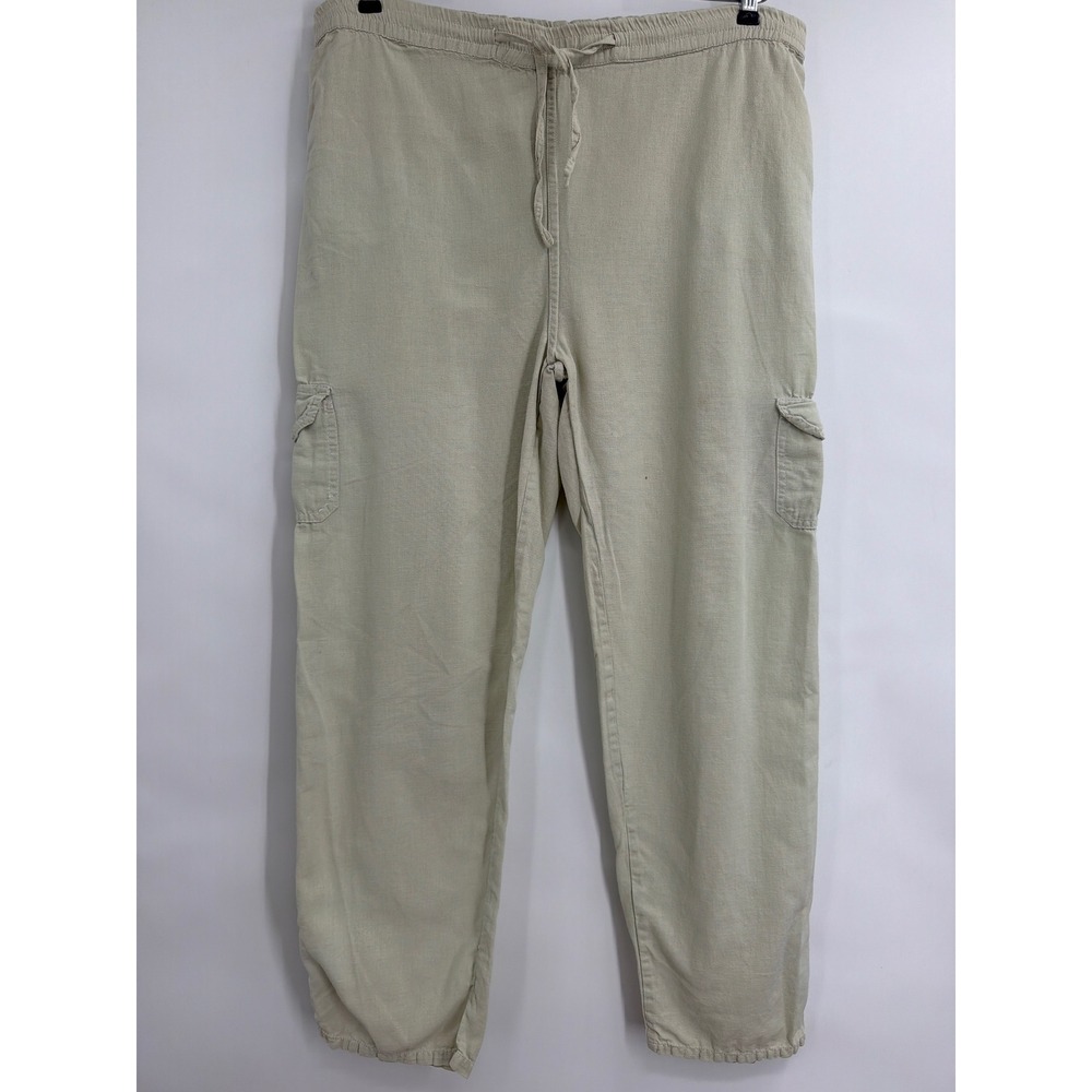 Vintage Simply Basic‎ Tan Cotton Linen Cargo Pants Elastic Waist Beige Small